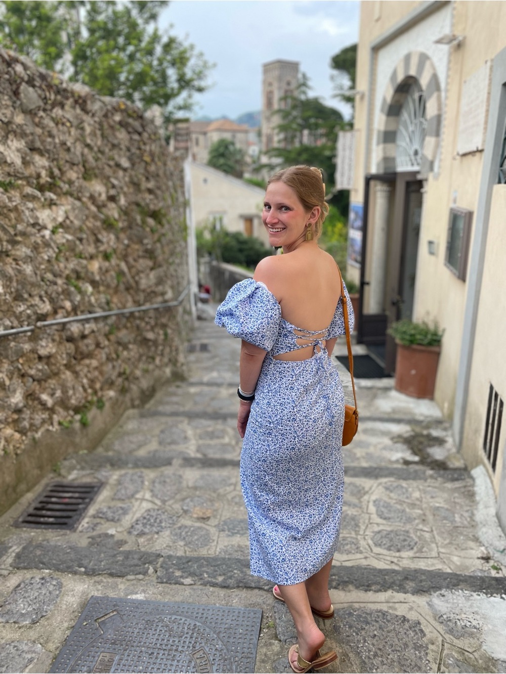 H&M Light Blue Floral Puff-Sleeve Backless Midi Dress